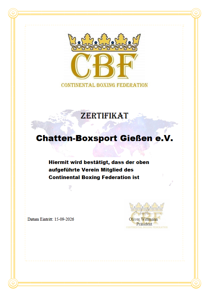 CBF-Zertifikat für Chatten-Boxsport Giessen e.V.